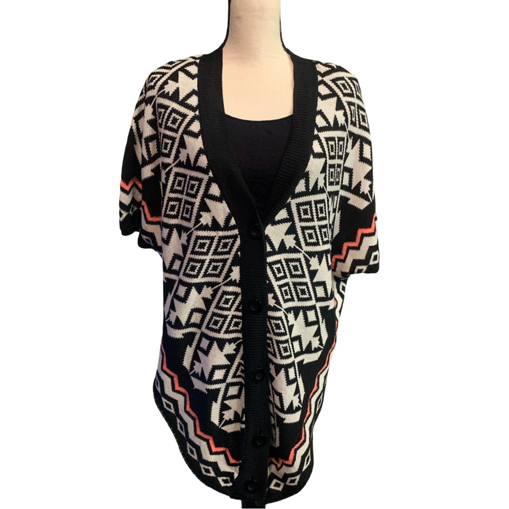 POL Womens Cardigan M Black Aztec Short Sleeve Button Up Southwestern Western